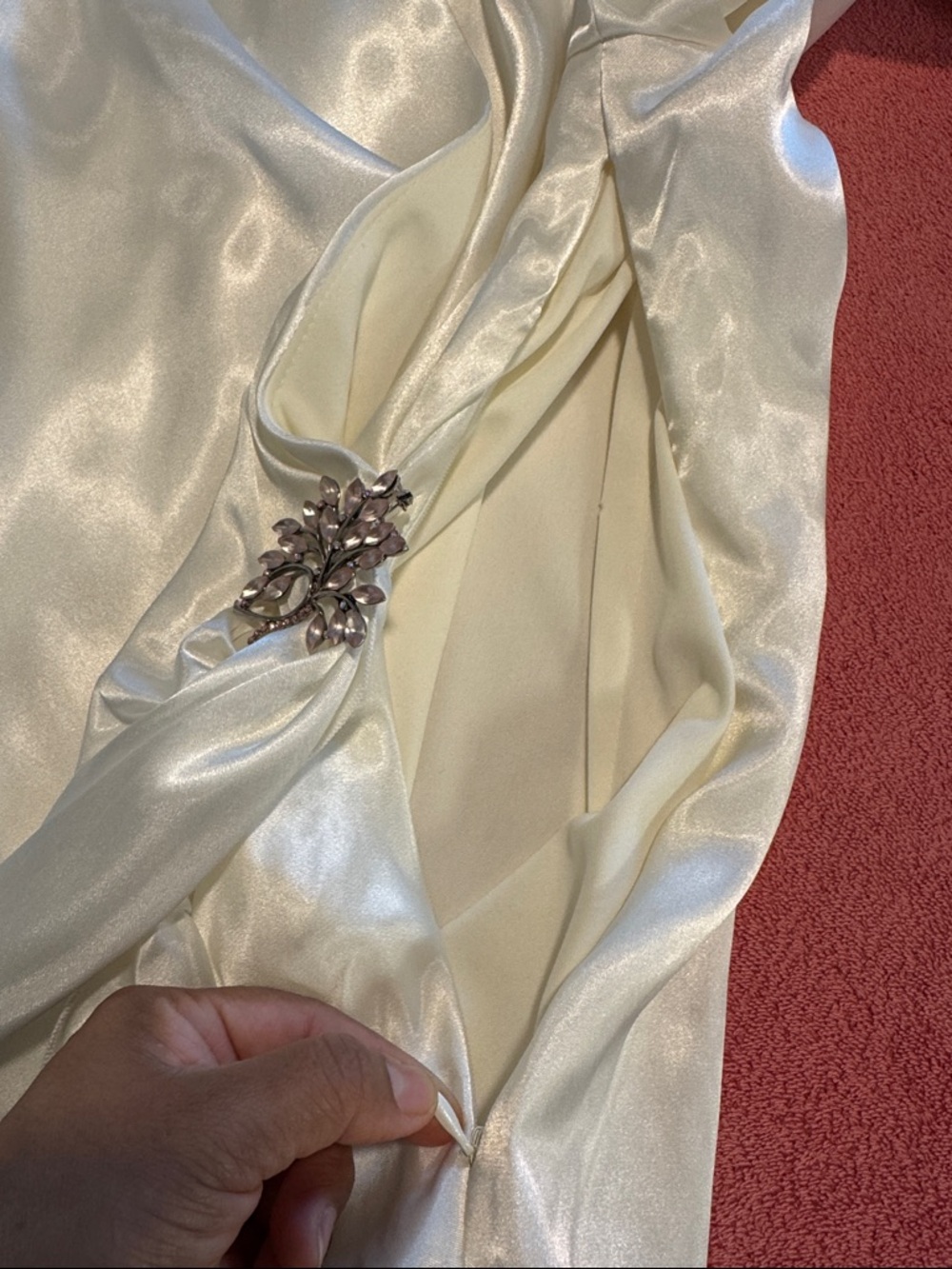 MSK Ivory Satin Wrap Blouse with Jeweled Brooch - Picture 11 of 12